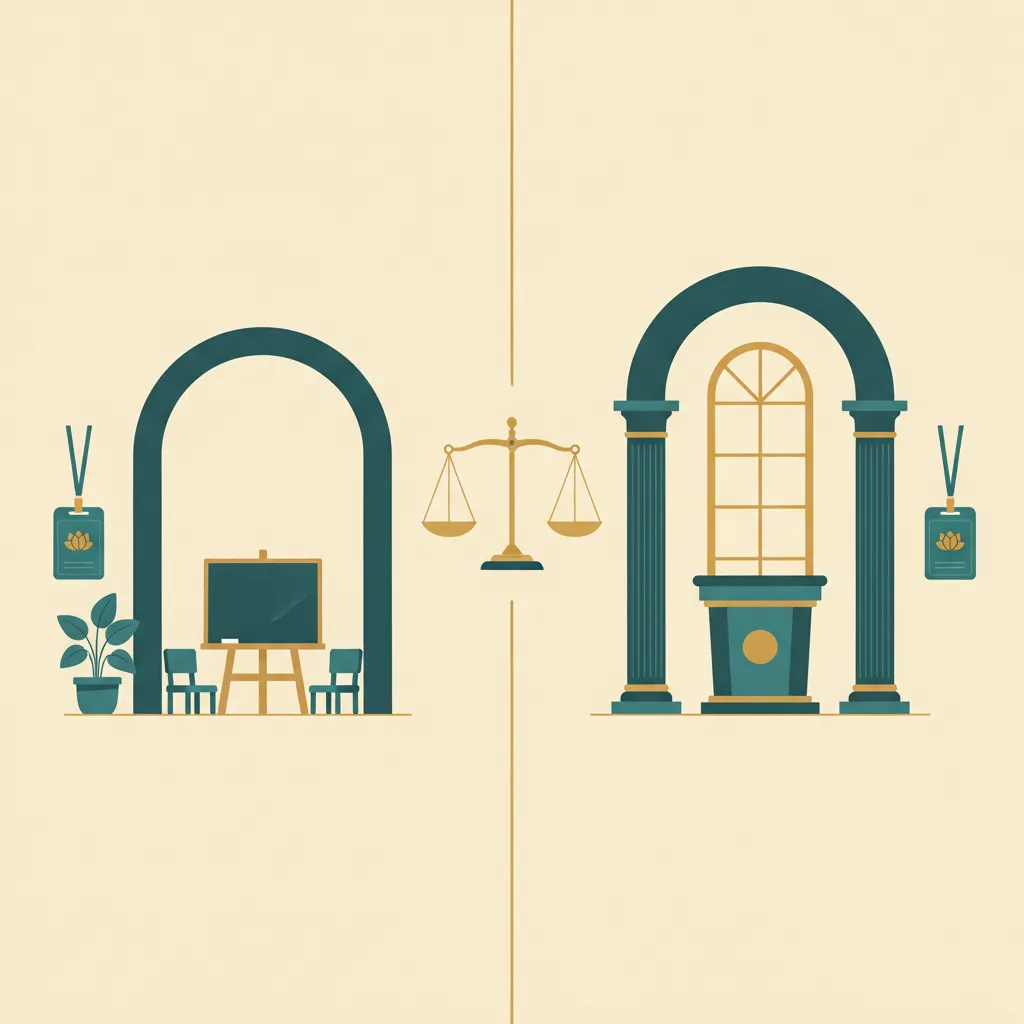 Illustrated poster of a school doorway with a chalkboard and small chairs facing a university doorway with columns and a lectern, an identical blank door plate and lanyard badge beside each, and a level balance scale between them
