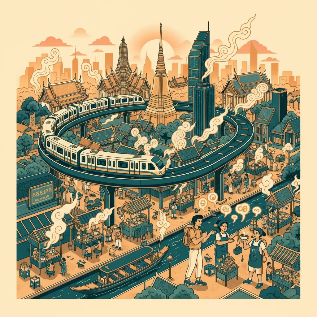 Vibrant Bangkok cityscape with a traveler confidently navigating street food stalls