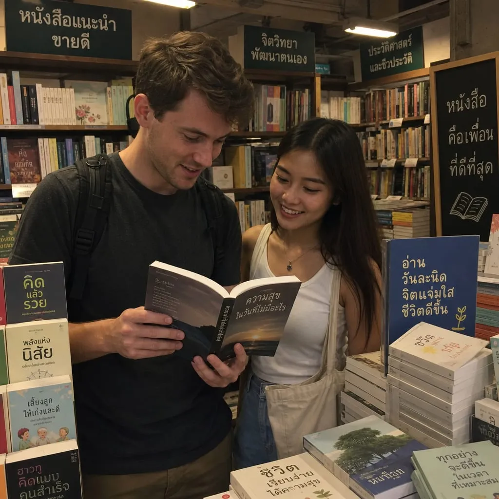 A couple browse a Thai bookstore in Bangkok