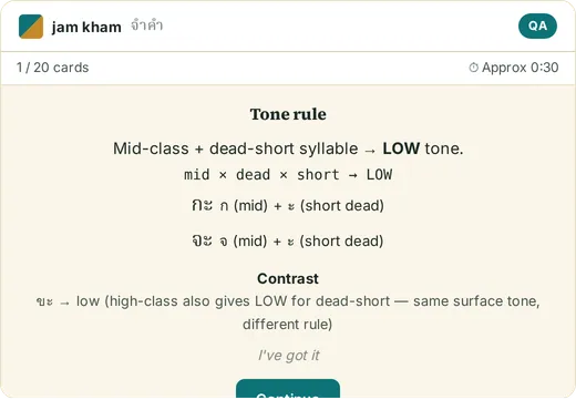 A tone-rule teach card (Mid-class + dead-short syllable → LOW) with a worked example and a Contrast section