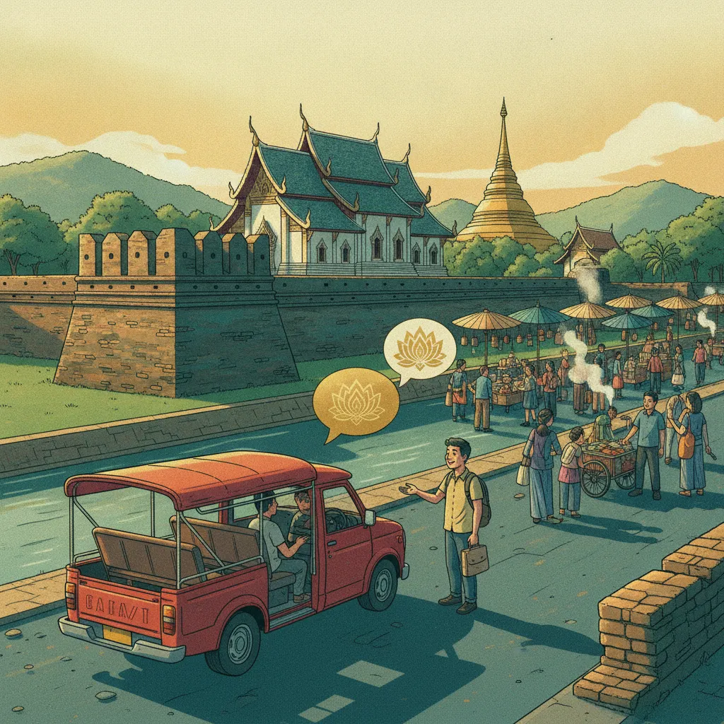 Illustrated Chiang Mai old-city scene: a traveler agreeing a fare with a red songthaew driver beside the ancient brick city wall, a walking-street market and a Lanna temple behind