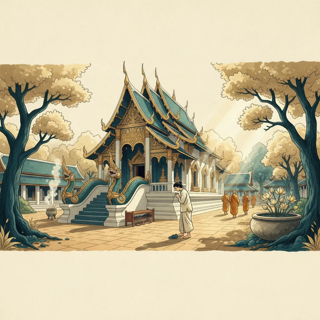 Respectful visitor approaching a Chiang Mai temple with hands in wai