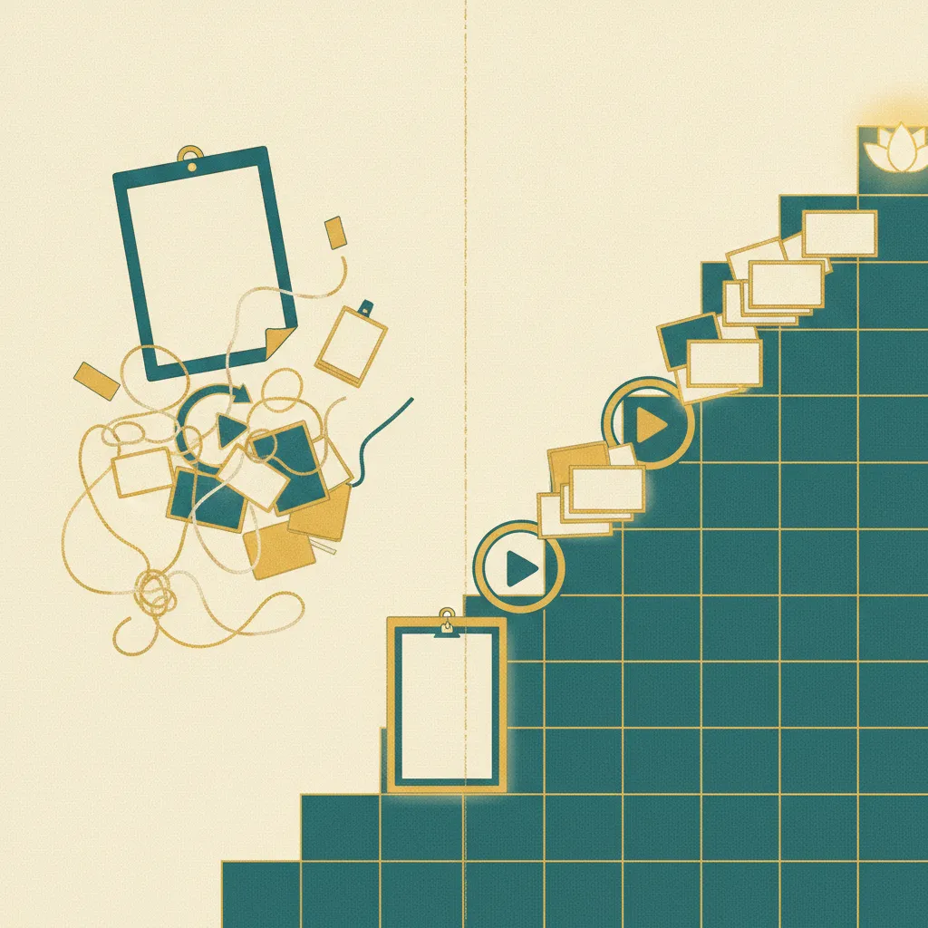 Illustration contrasting a cluttered pile of scattered free study resources on the left with an organized rising staircase of cards leading to a goal on the right