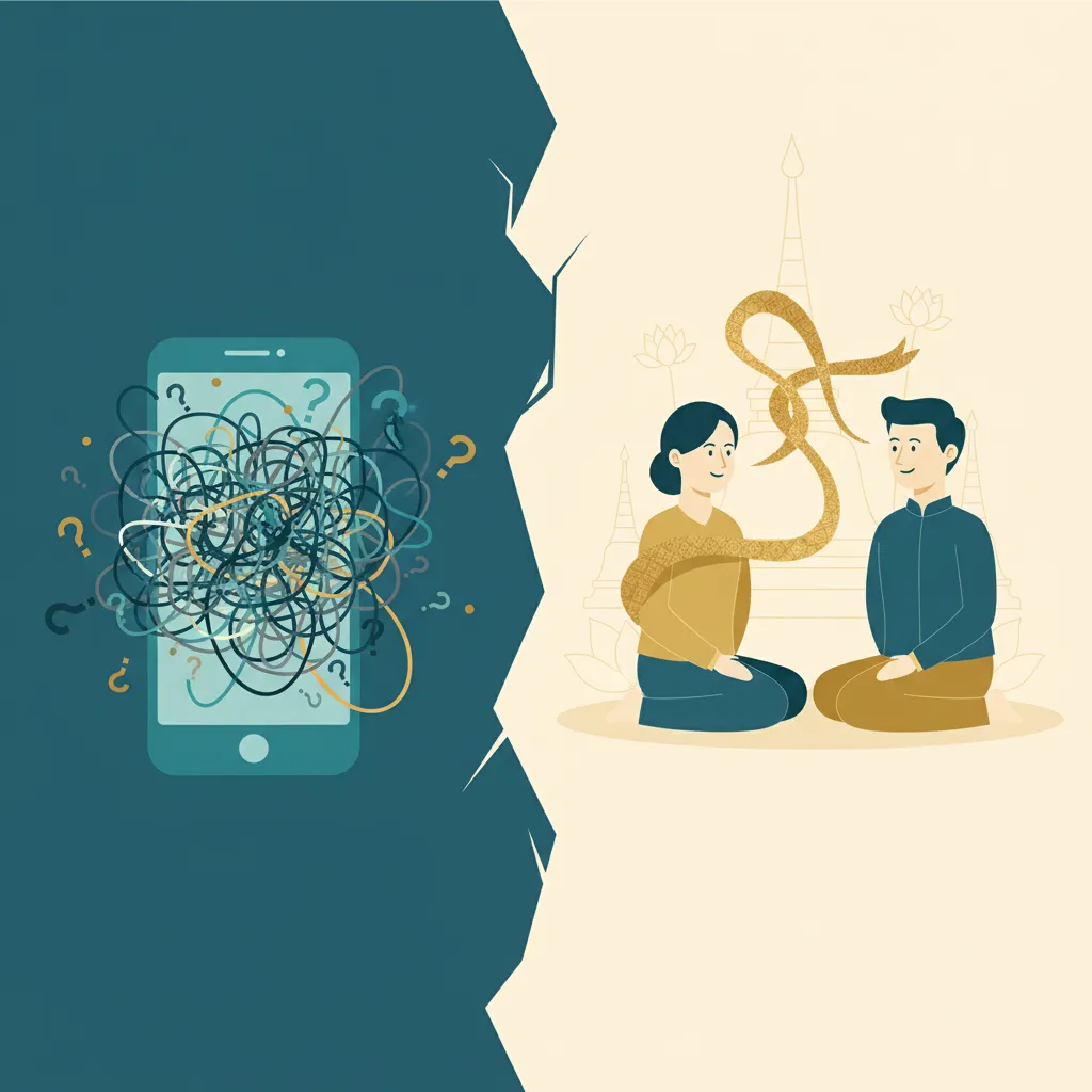 Contrast between garbled phone translation and warm human conversation in Thai