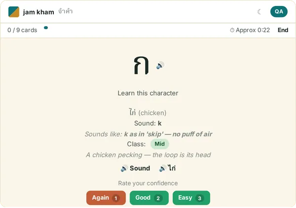 Read Thai teach card for ก — shows the glyph, the keyword ไก่ (chicken), 'Sound: k', the mnemonic, a Mid-class badge, and two audio buttons