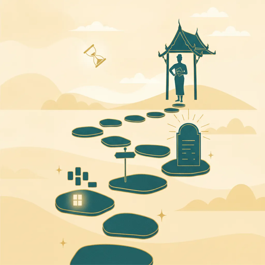 Illustrated stepping-stone path growing from a single letter tile through sign and menu shapes to a reader beneath a Thai temple roof, with an hourglass in the sky