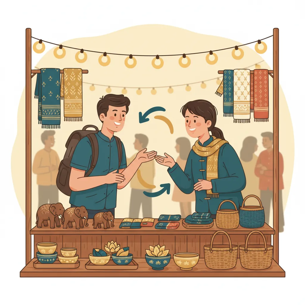 Friendly bargaining scene at a colorful Thai market