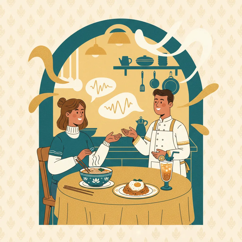 Traveler confidently ordering Thai food from a restaurant server