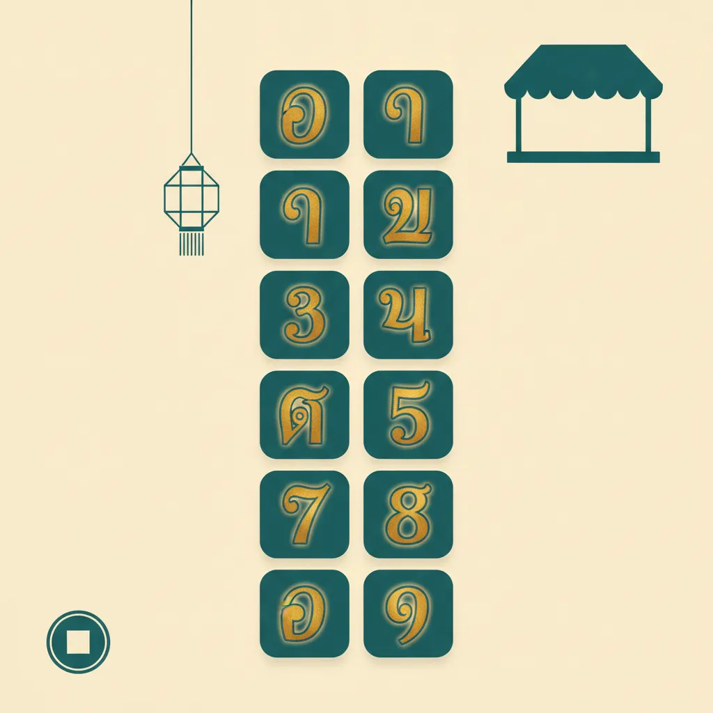 Illustrated grid of teal tiles each showing a gold Thai numeral from ๐ to ๙, with a hanging paper lantern and a market-stall awning