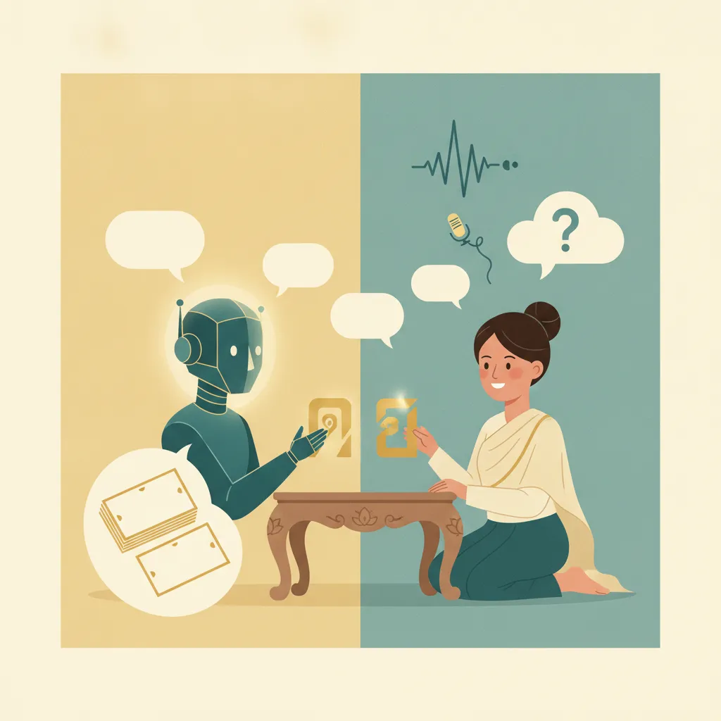 Split illustration: a glowing gold AI robot with blank example cards and speech bubbles on one side, a person on the other beside a sound wave, microphone, and question-mark cloud — AI's text strengths versus its tone and pronunciation gaps