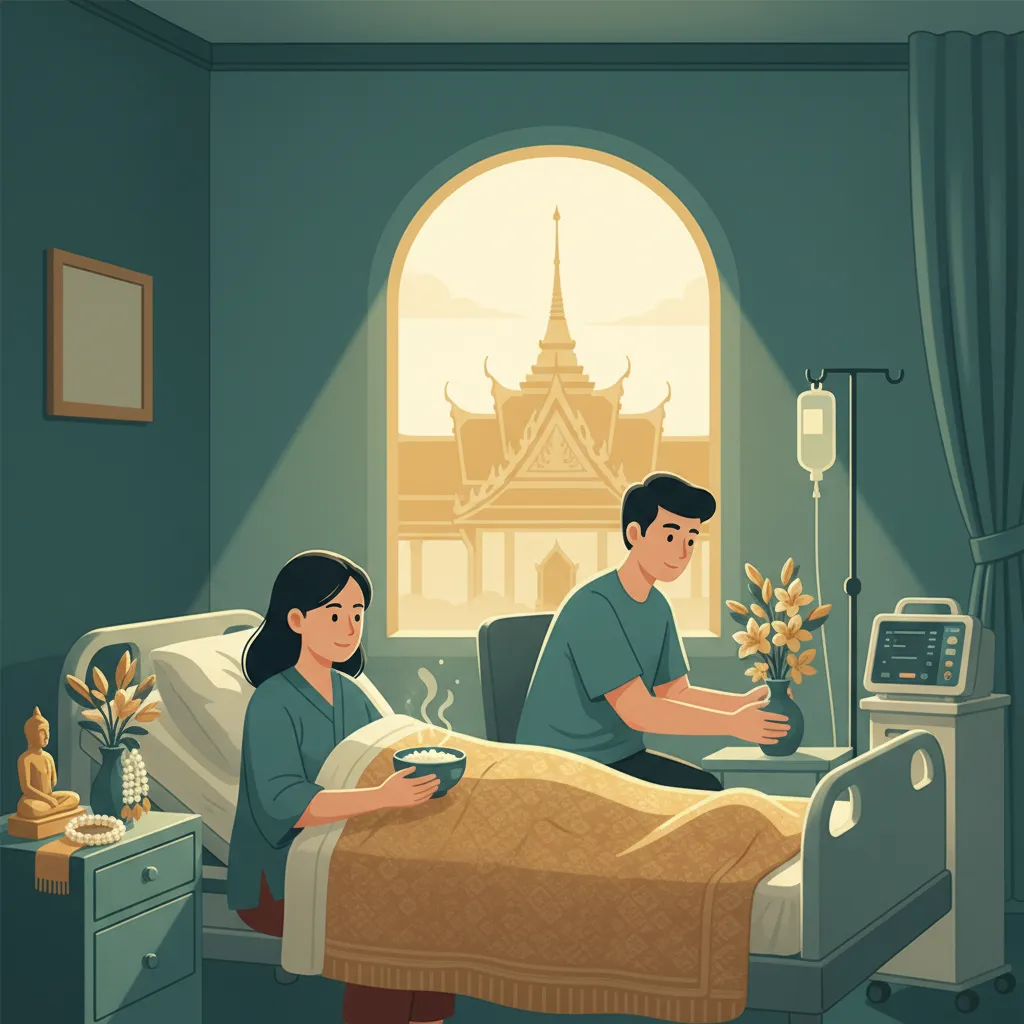 Illustration of a Thai hospital scene showing warmth and communal care
