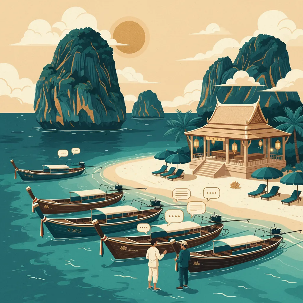 Longtail boats at a Phuket beach with Thai signage visible