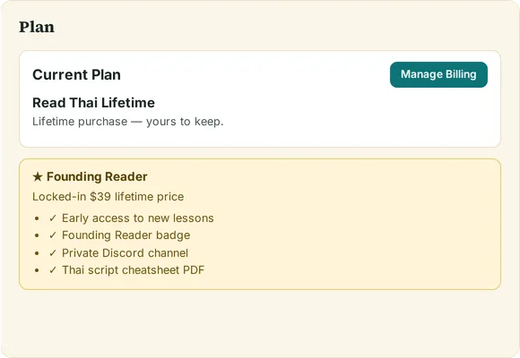 The in-app Plan section: 'Read Thai Lifetime — yours to keep', Founding Reader badge, locked-in price, and early access to new lessons