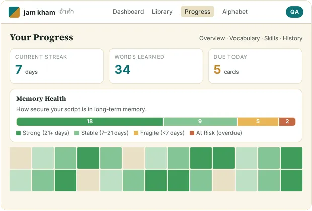 The progress page showing the Memory Health bar, vocabulary growth chart, and activity heatmap
