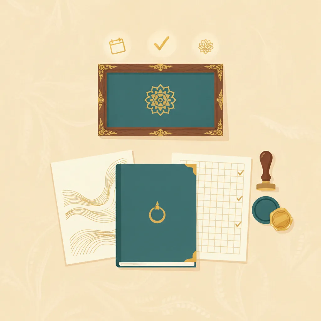 Illustrated flat-lay of a Thai school paperwork set — a framed gold-emblem plaque, a teal booklet, a letter of abstract script lines, an attendance grid with gold checkmarks, a rubber stamp and a wax seal