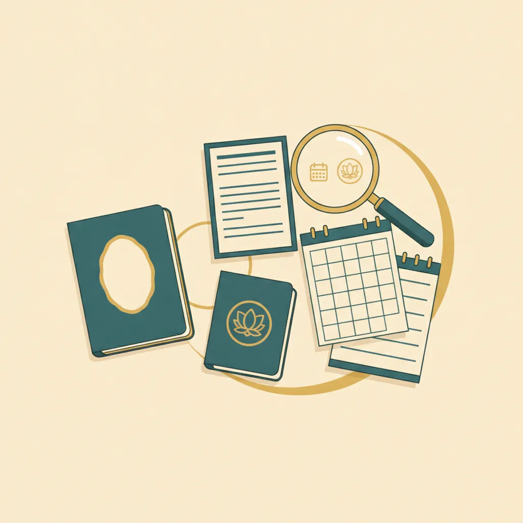 Illustrated flat-lay of an open passport, a teal work permit booklet, an extension form and two blank calendars, with a magnifying glass resolving a calendar and seal icon in gold