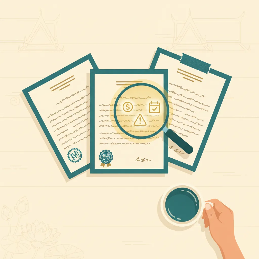 Illustrated overhead desk scene with Thai official documents and a magnifying glass resolving abstract script into clear icons for amount, due date and warning, beside a cup of tea