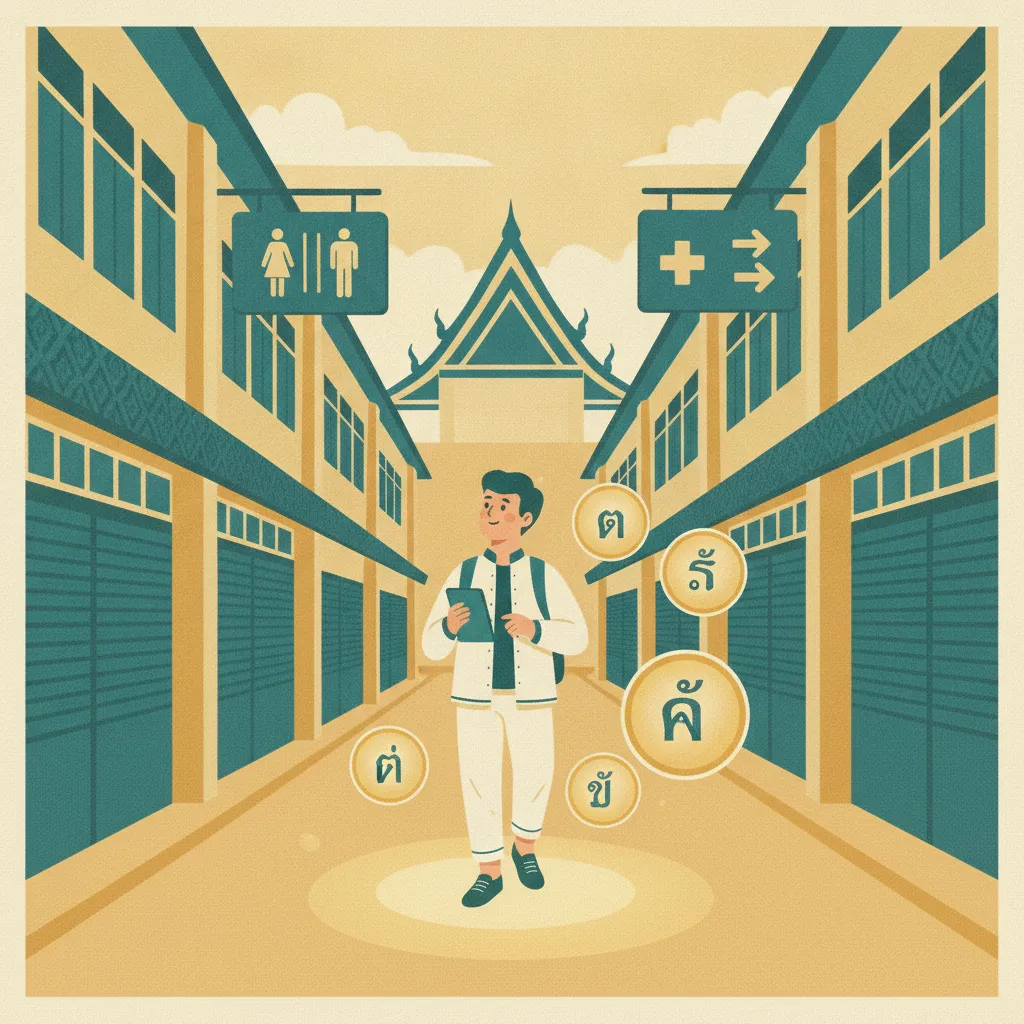 Illustrated travel-poster scene of a traveler walking a Thai market lane, reading teal signboards marked only with universal pictograms (restroom, pharmacy, arrows) while glowing gold tiles of single Thai characters float nearby beneath a temple roofline