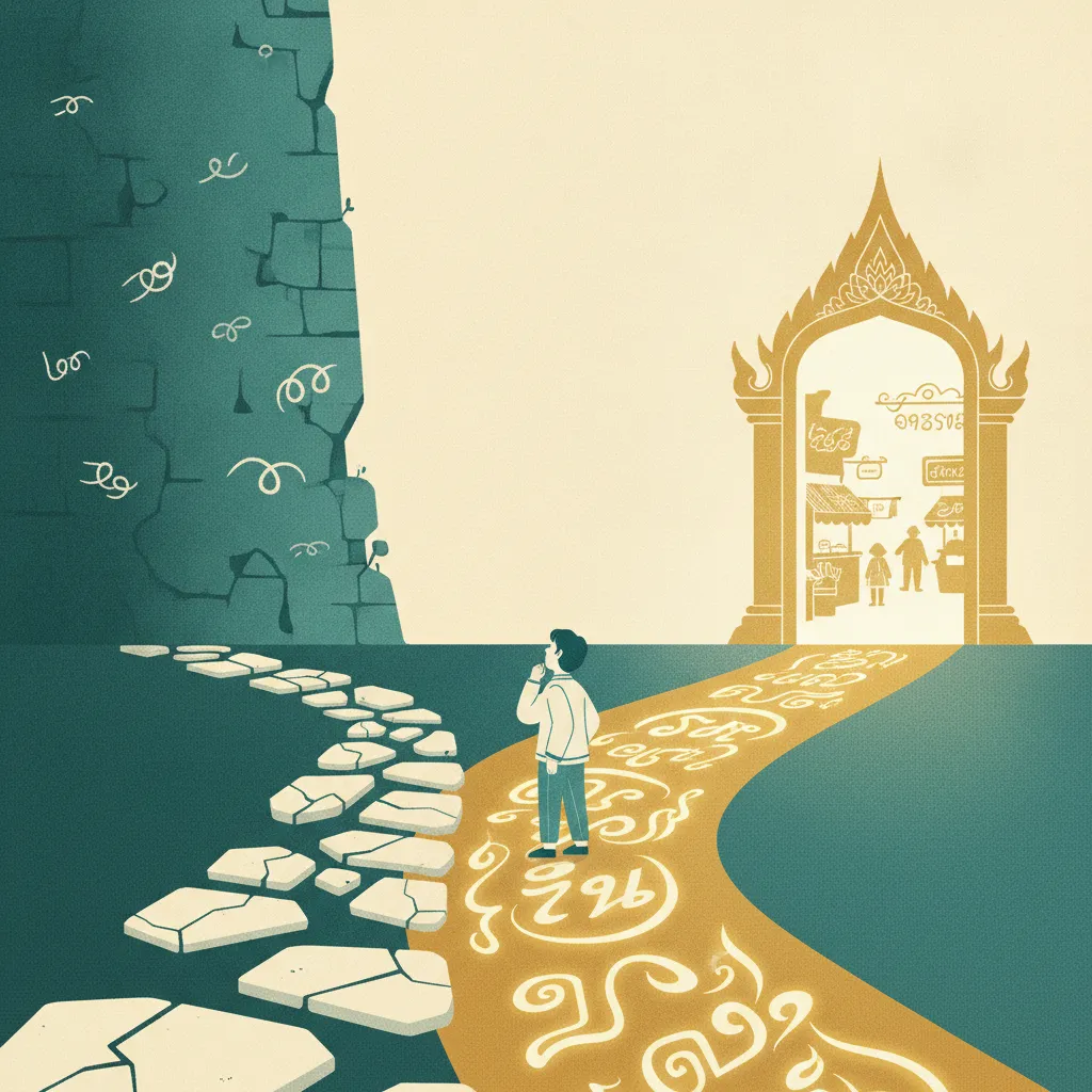 Illustrated fork in the road: cracked pale stones dead-ending at a blank wall on the left, and a golden script-paved path leading through a glowing temple doorway to a bright street on the right