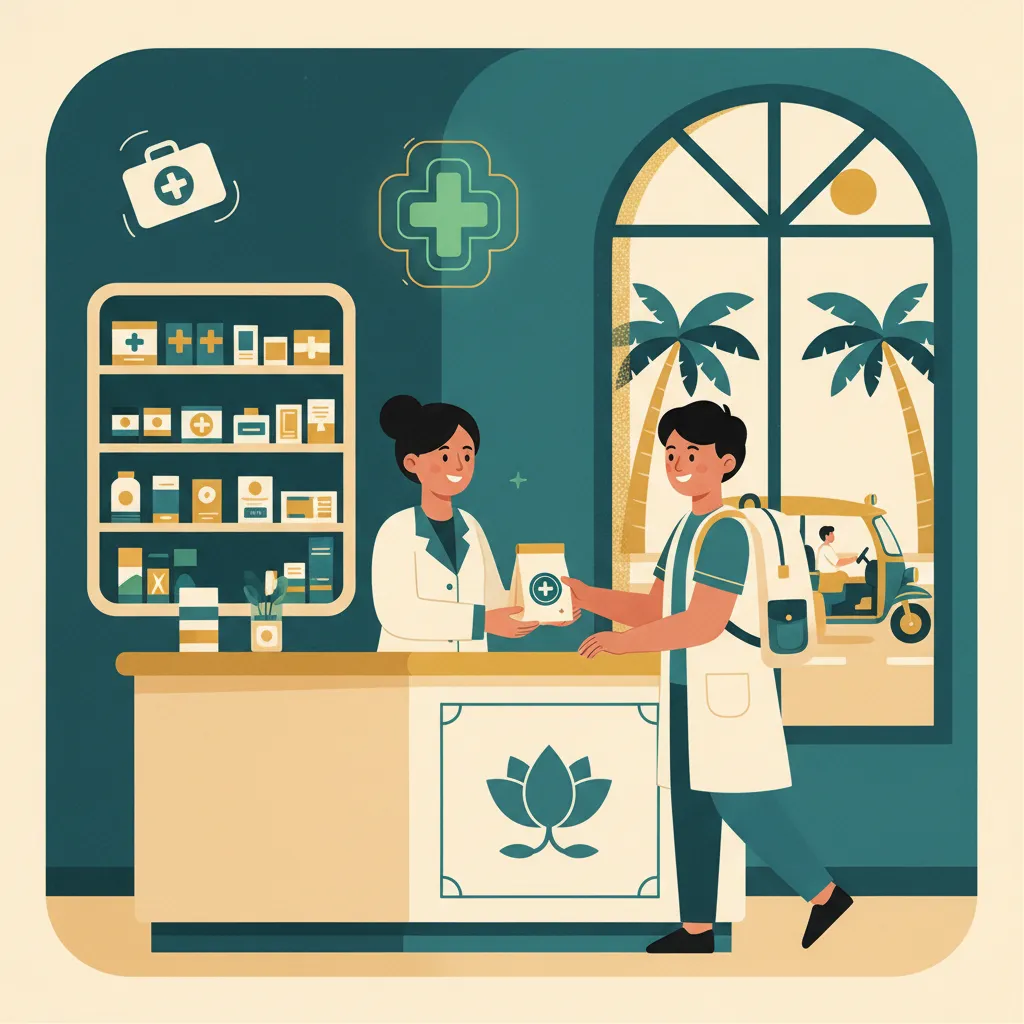 Illustration of a traveler getting help at a Thai pharmacy