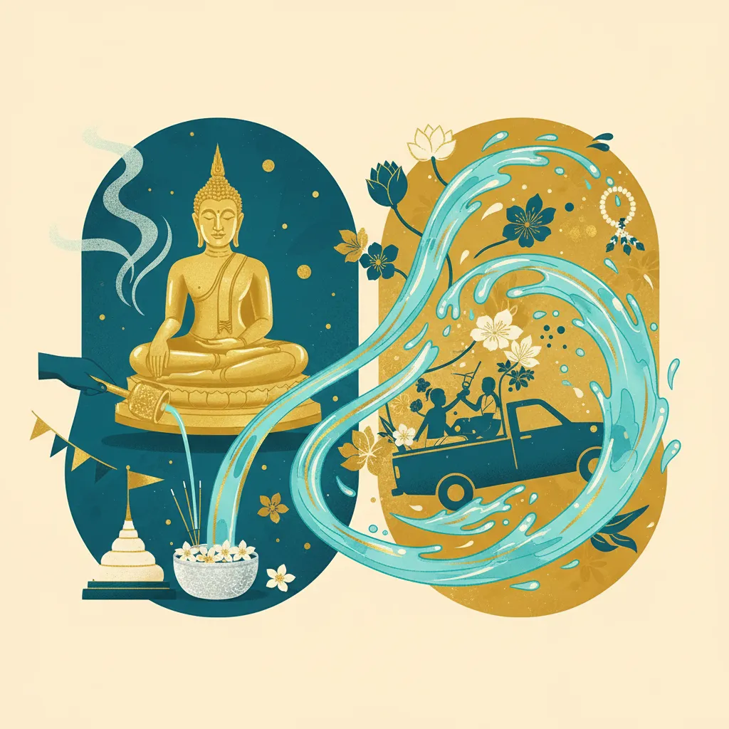 Illustration showing the duality of Songkran — sacred Buddhist ritual and modern water festival