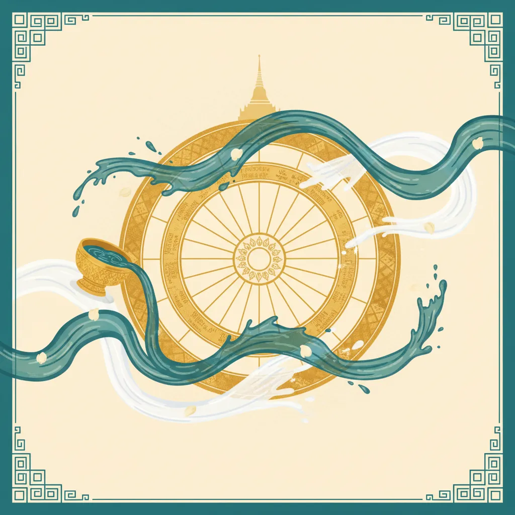 Illustration of a Thai calendar wheel with flowing water motifs