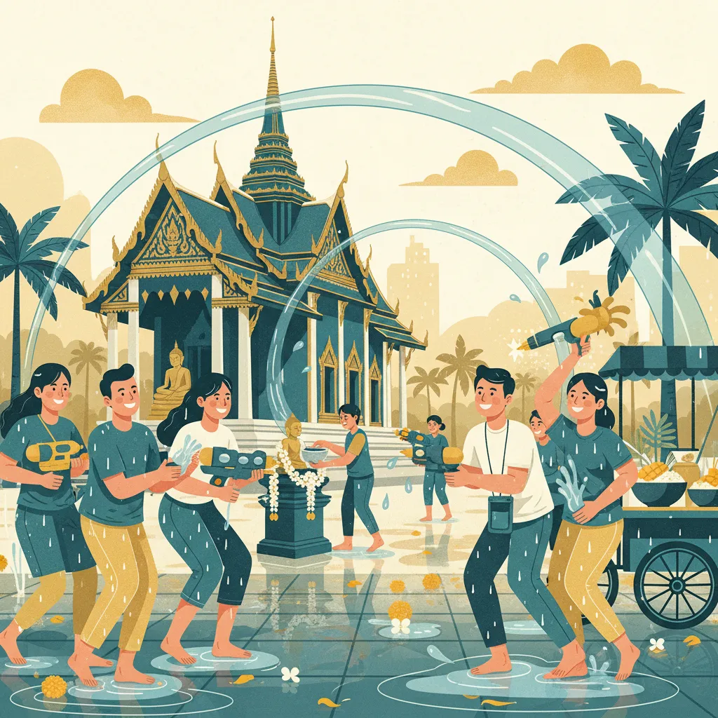 Illustration of people celebrating Songkran with water guns near a Thai temple