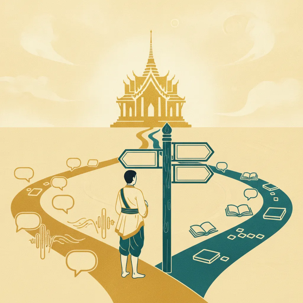 Illustrated crossroads where a learner at a signpost faces two paths, one lined with speech bubbles and one with books and script tiles, both rising toward a golden Thai temple