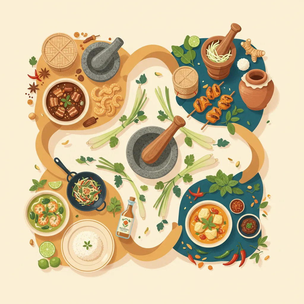Illustration of four regional Thai cuisines with mortar and pestle centerpiece