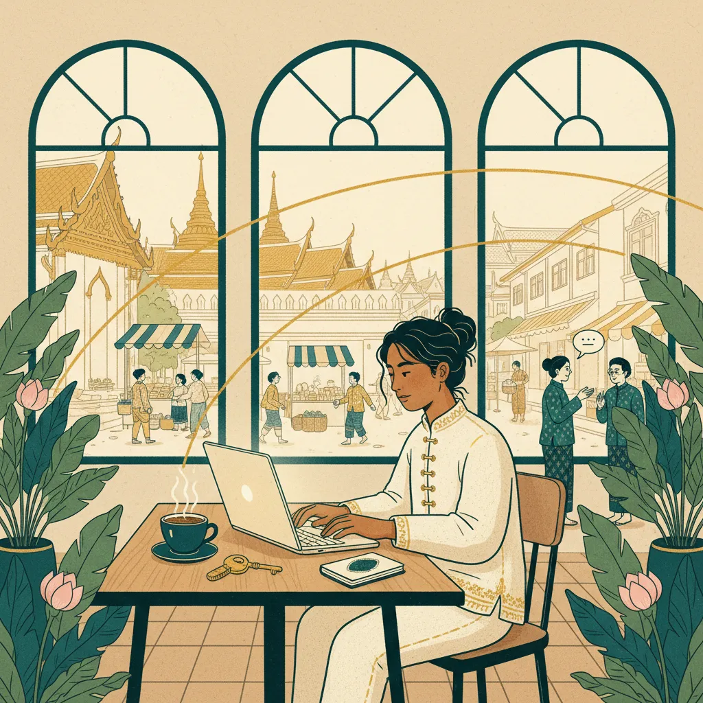 Digital nomad in a Thai cafe with connections extending into the local community