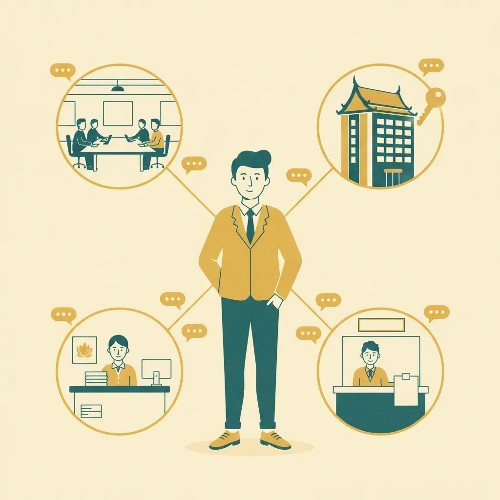 An expat connected by golden lines to the four pillars of settled life in Thailand — office, apartment, bank, and immigration counter