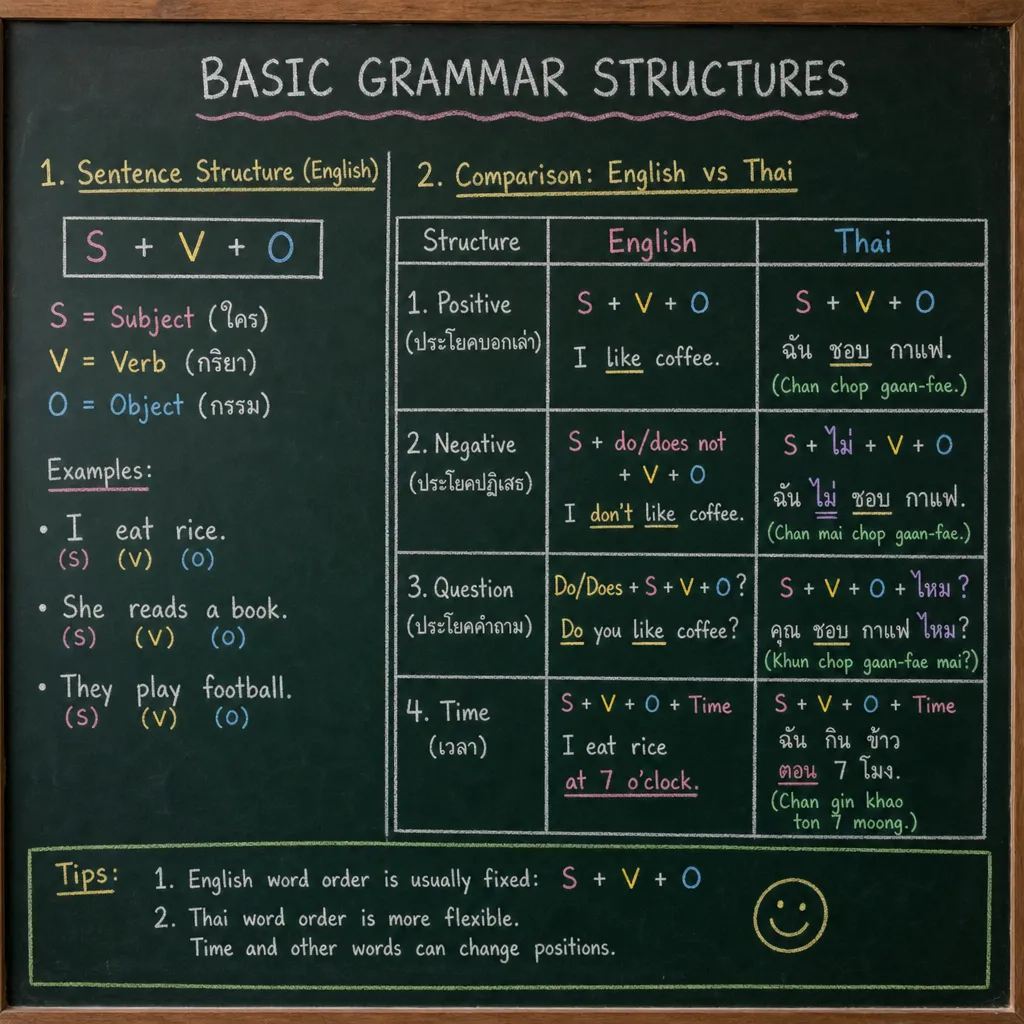 A chalkboard showing basic grammar structures and a comparison between English and Thai