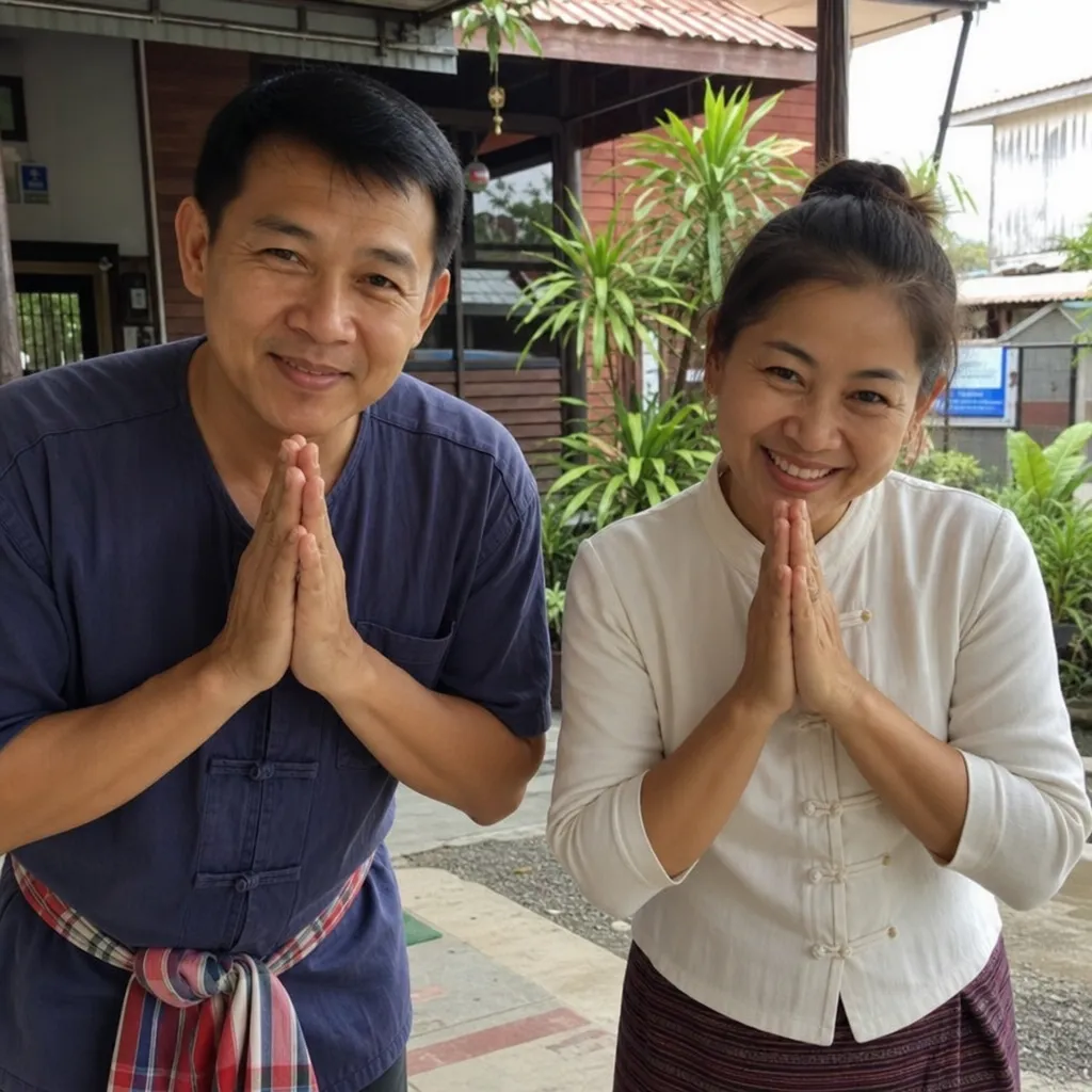 Two friendly Thai locals greeting someone with a traditional Wai gesture, pressing their palms together