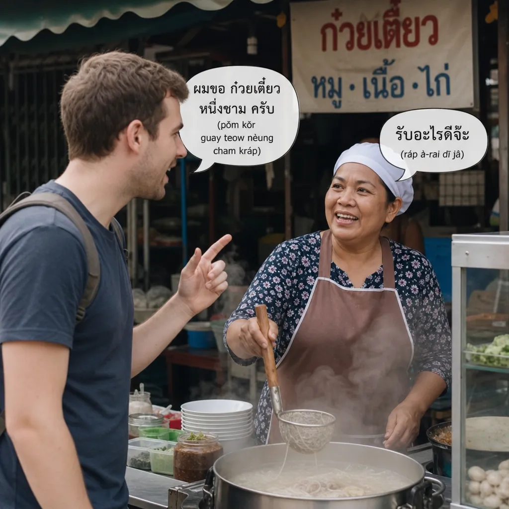 A foreigner practicing speaking Thai with a local street food vendor over a steaming pot of noodles