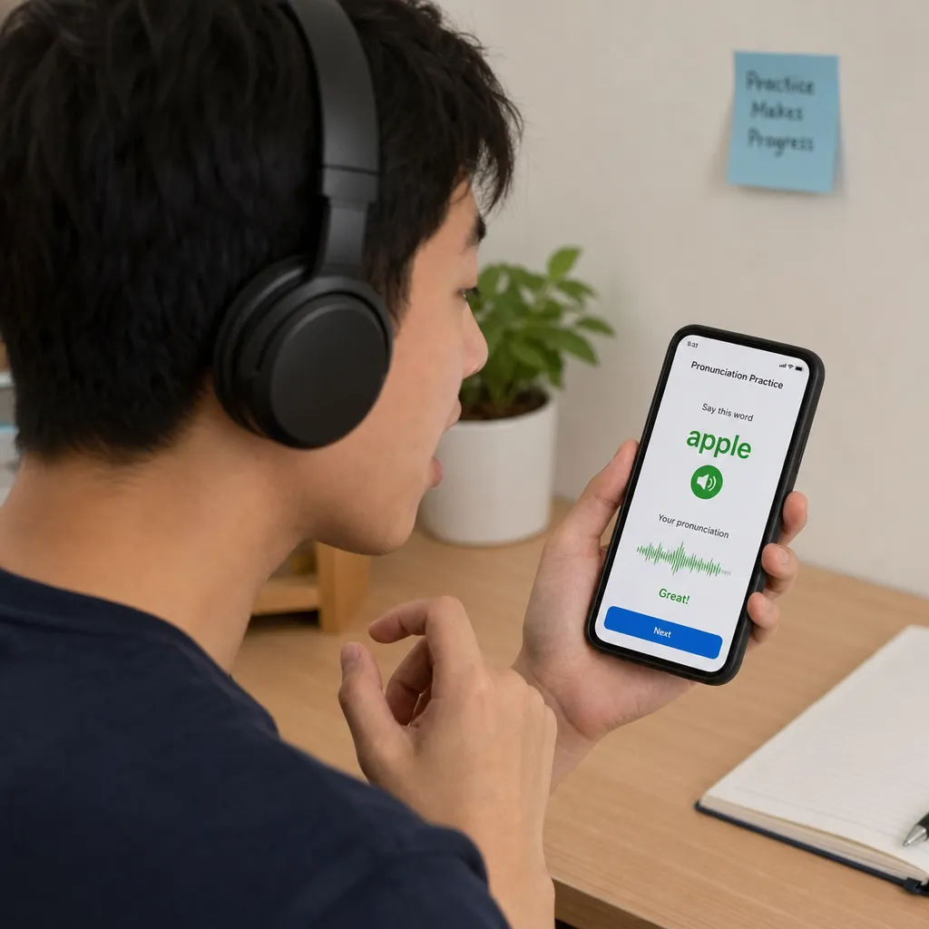 A person wearing headphones practicing language pronunciation using a smartphone app