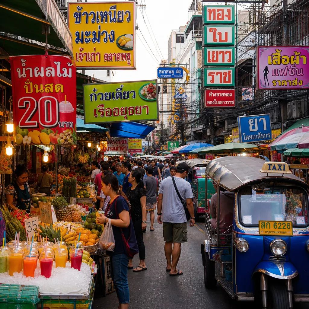 A vibrant market in Bangkok showing colorful signs in the Thai language