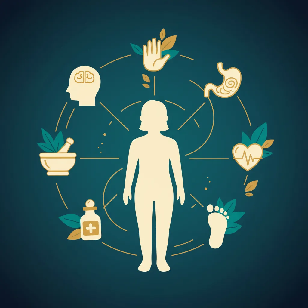 Illustration of a body silhouette surrounded by medical and body part icons