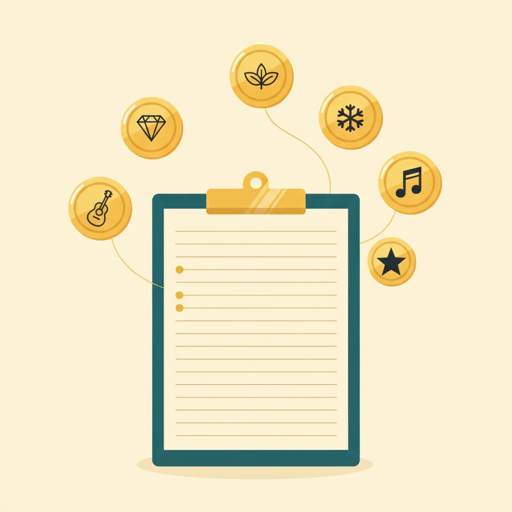 Illustrated teal clipboard holding a blank lined class register, with six gold nickname tokens floating around it showing a gem, a mint leaf, an ice crystal, a guitar, a musical note and a star