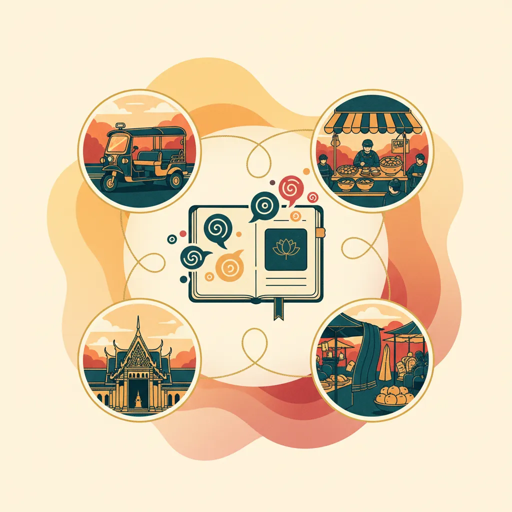 Essential traveler's phrasebook surrounded by iconic Thai travel scenes