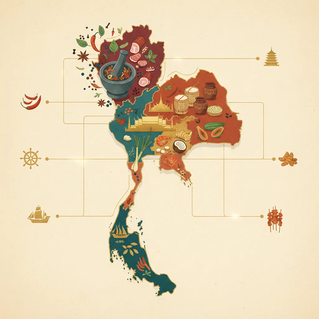 Illustrated map of Thailand showing regional cuisines and food traditions