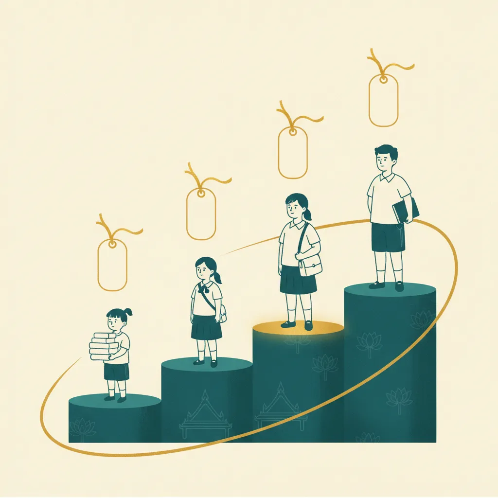 Illustrated poster of four ascending teal platforms carrying a kindergarten child, a primary pupil, a lower-secondary and an upper-secondary student, each under a blank gold level tag