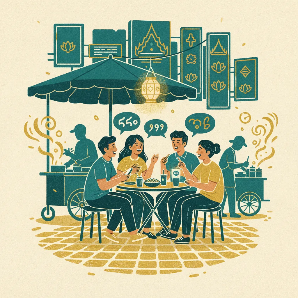 Friends laughing and chatting at a Bangkok night market