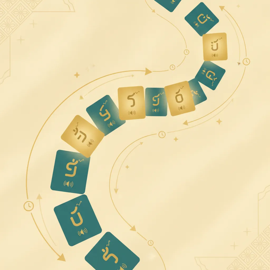Illustrated deck of flashcards arcing along a review curve, each gold or teal card showing a single Thai character with a sound-wave icon and a rising-falling tone line, looped by spaced-repetition cycle arrows and clock motifs