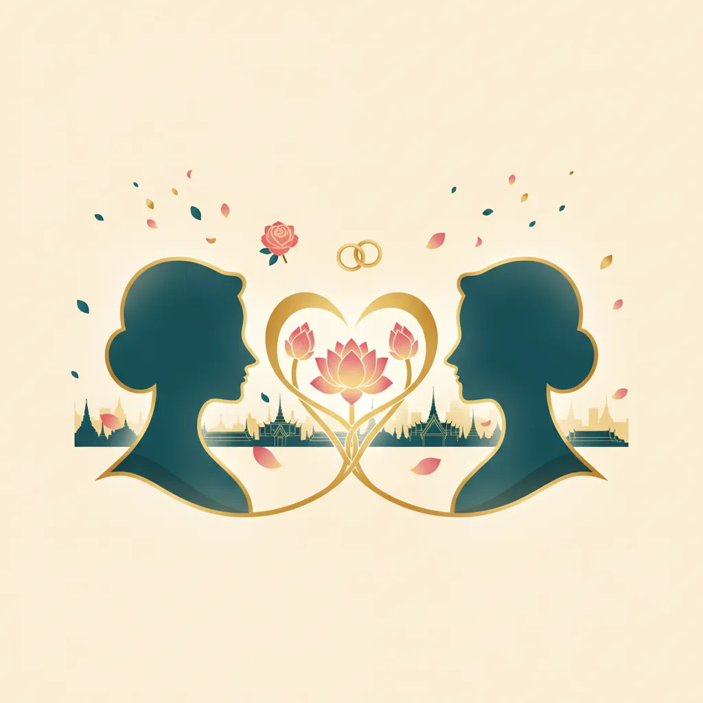 Two figures with lotus heart between them representing Thai romantic vocabulary