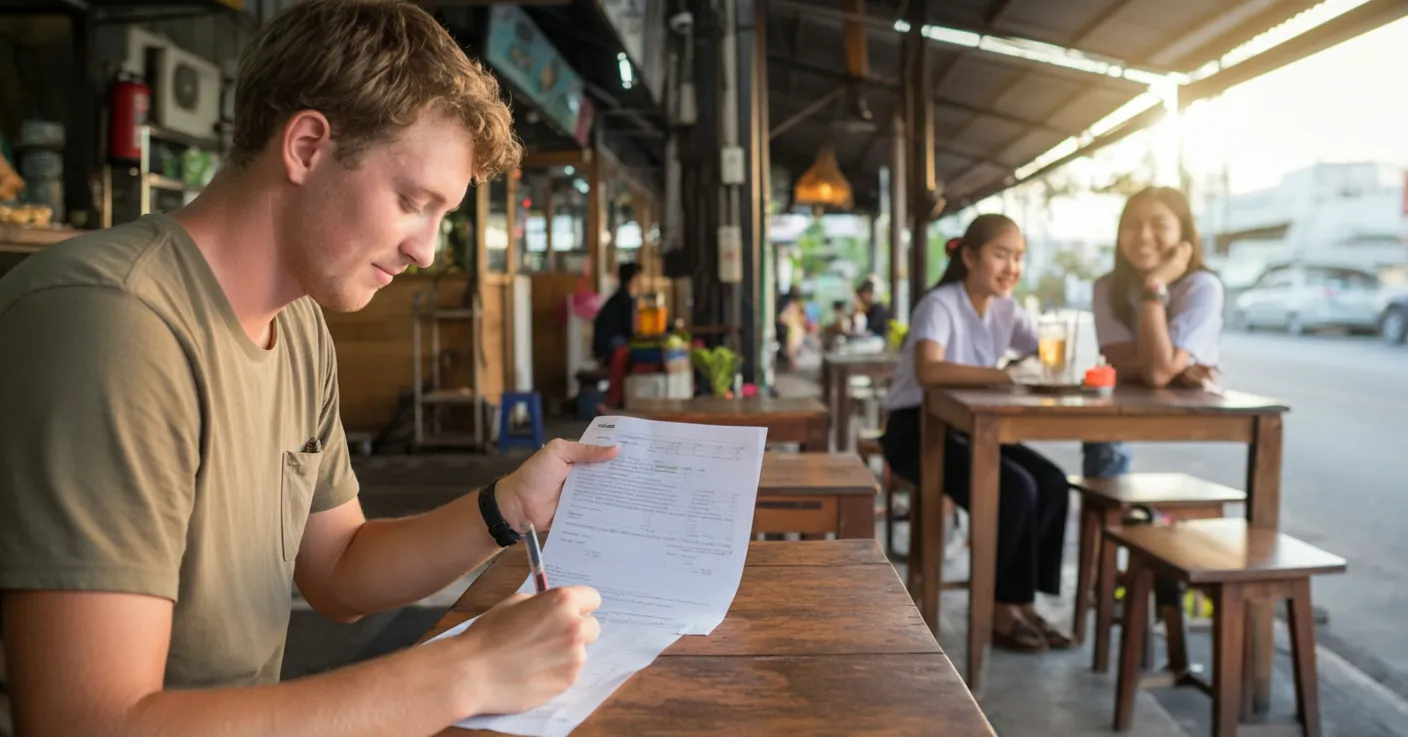 A traveler at an open-air Thai cafe reading a Thai-language document, with two locals chatting at the next table