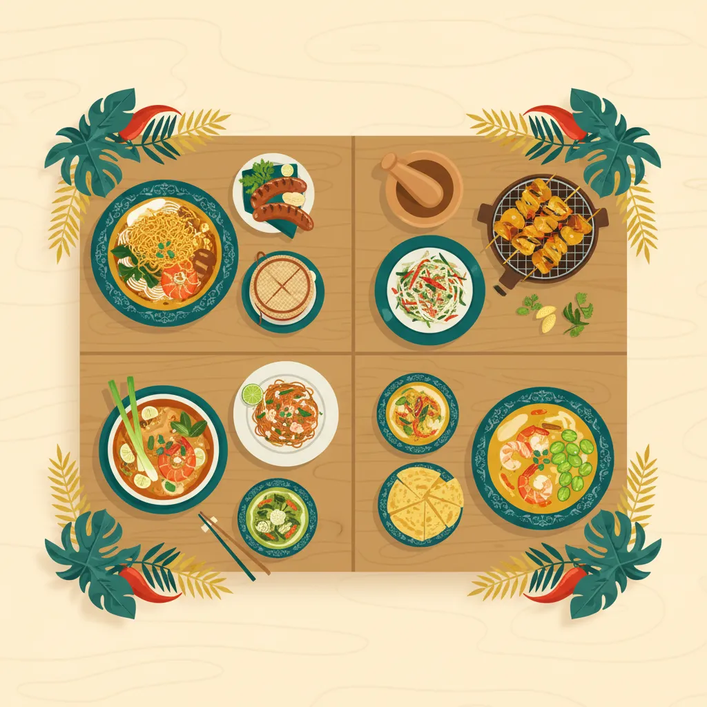 Overhead illustration of a Thai table spread with dishes from all four regions