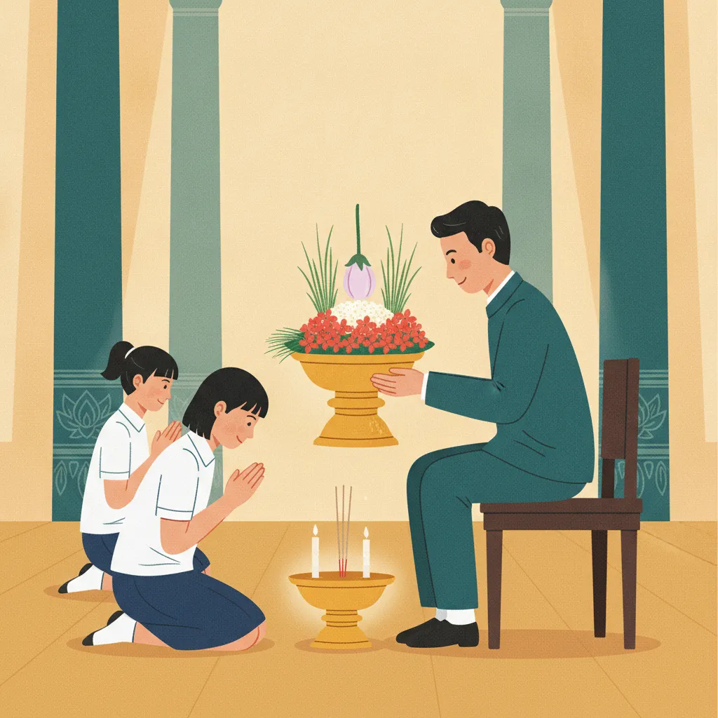 Illustrated wai kru scene: two students in white shirts kneel before a seated teacher, one lifting a gold pedestal tray of Bermuda grass, eggplant flower, popped rice and ixora blossoms, beside a tray of incense and candles