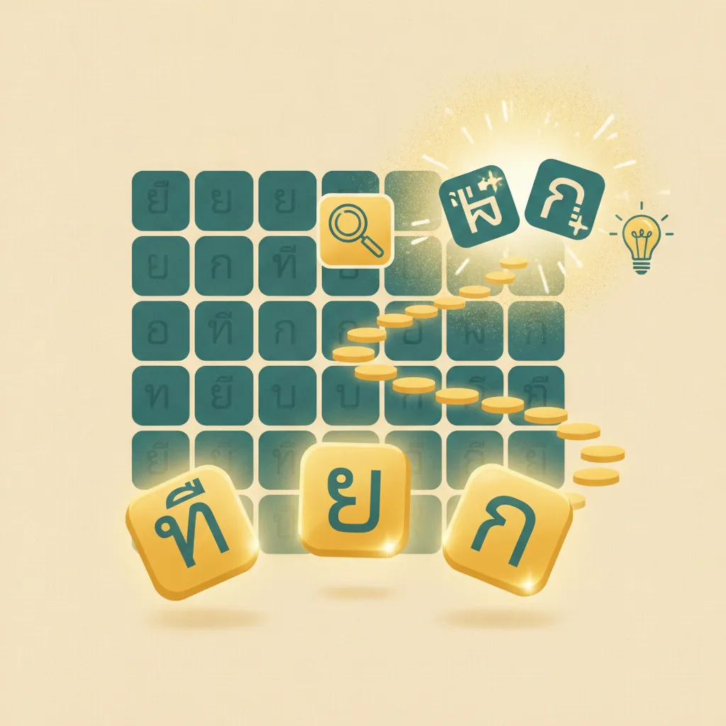 Illustrated grid of Thai consonant tiles with the highest-frequency letters glowing gold and a trail of dots leading to a readable word, beside a magnifying glass and a lightbulb